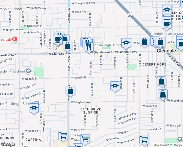 map of restaurants, bars, coffee shops, grocery stores, and more near 6423 West Lawrence Lane in Glendale