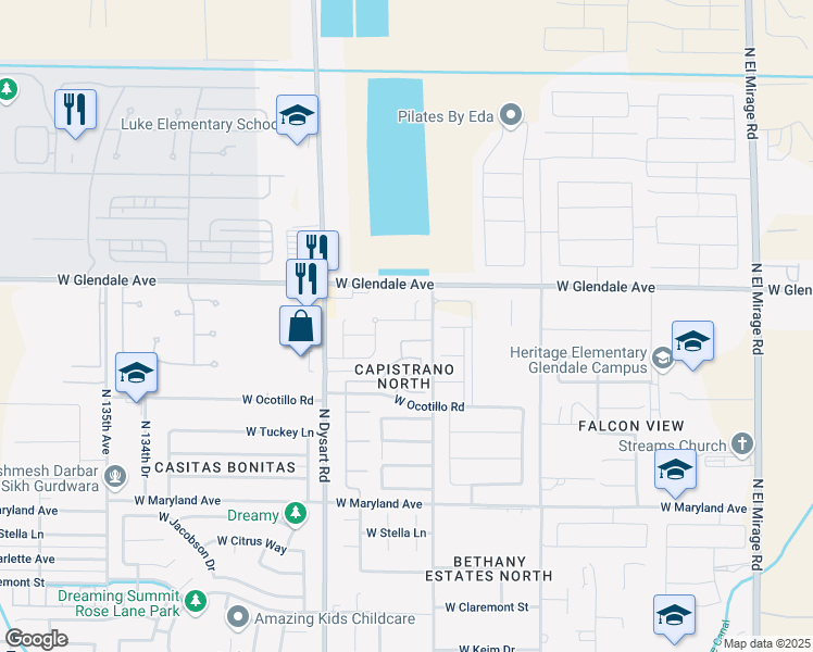 map of restaurants, bars, coffee shops, grocery stores, and more near 12927 West Flynn Lane in Glendale