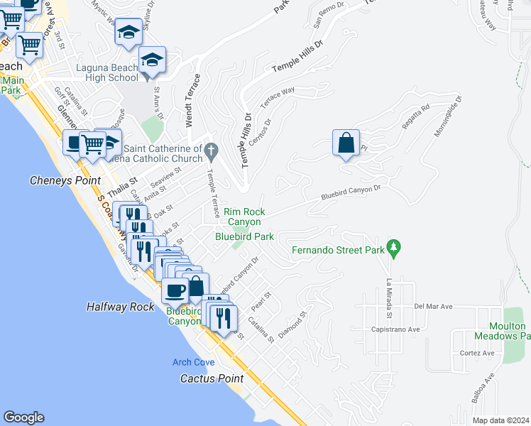 map of restaurants, bars, coffee shops, grocery stores, and more near 848 Bluebird Canyon Drive in Laguna Beach