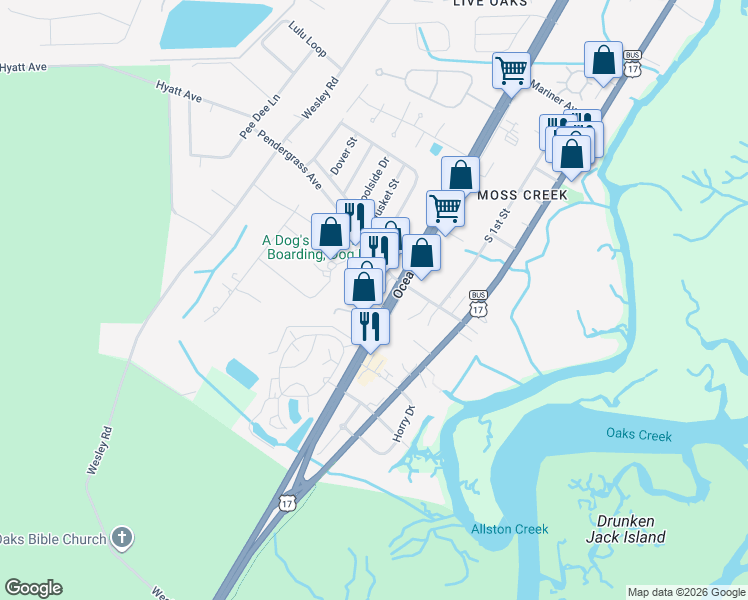map of restaurants, bars, coffee shops, grocery stores, and more near 5190 US Highway 17 Bypass South in Murrells Inlet