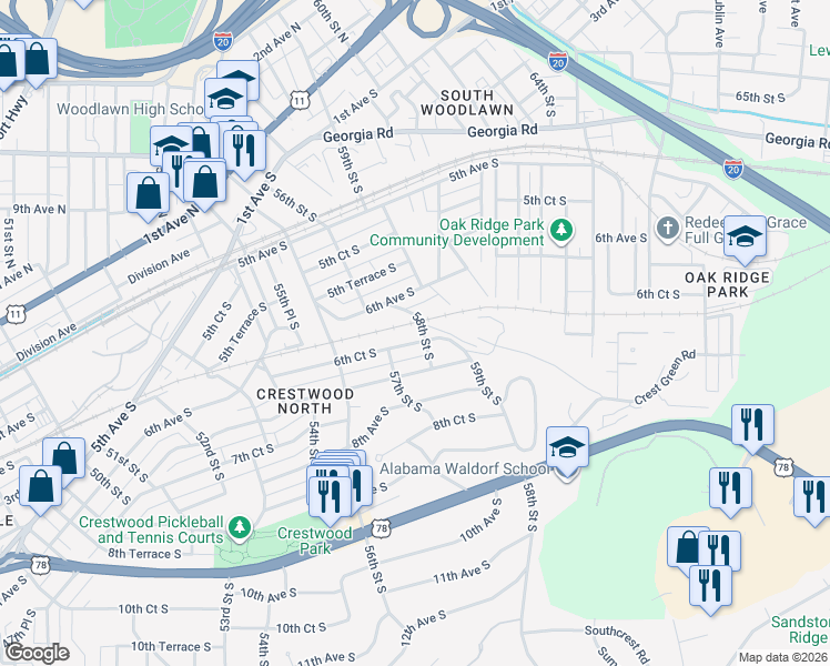 map of restaurants, bars, coffee shops, grocery stores, and more near 5724 6th Ct S in Birmingham