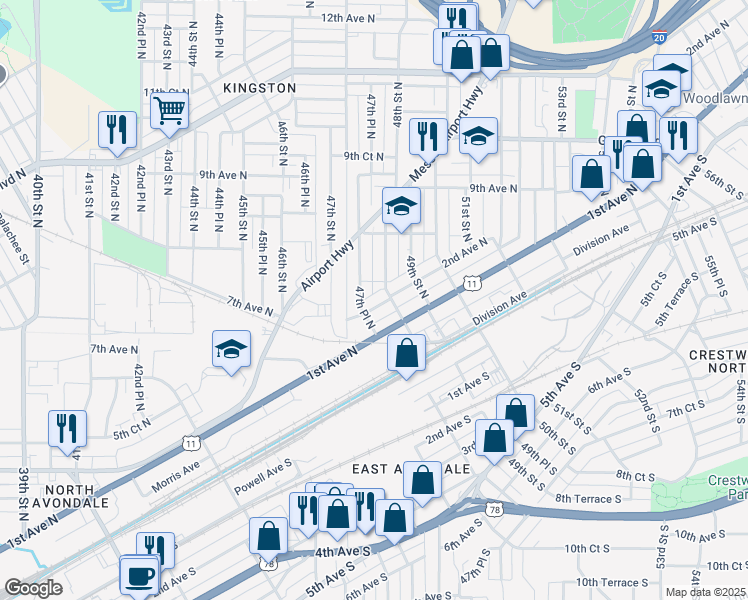 map of restaurants, bars, coffee shops, grocery stores, and more near 4744 2nd Avenue North in Birmingham