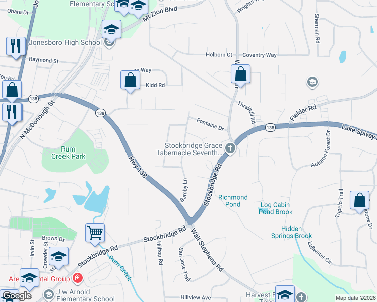 map of restaurants, bars, coffee shops, grocery stores, and more near 8018 Bamby Lane in Jonesboro
