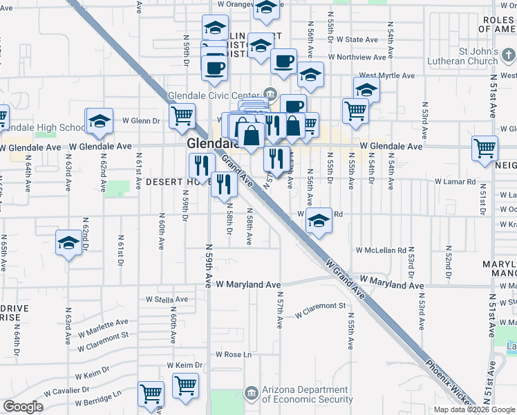 map of restaurants, bars, coffee shops, grocery stores, and more near 5752 West Market Street in Glendale