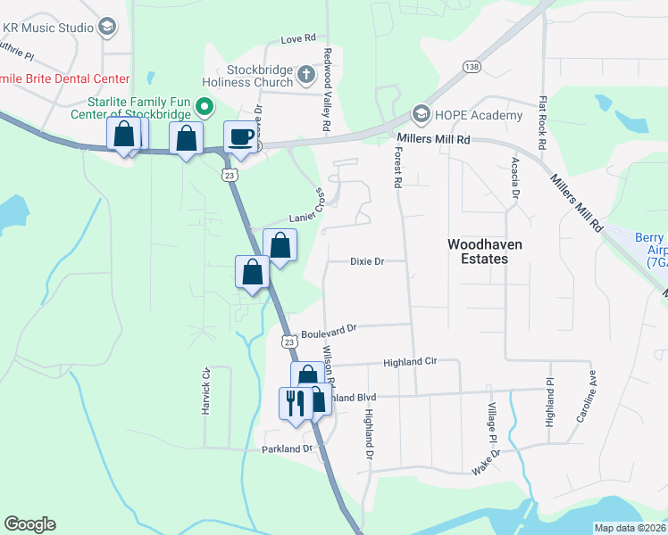 map of restaurants, bars, coffee shops, grocery stores, and more near 46 Dixie Drive in Stockbridge