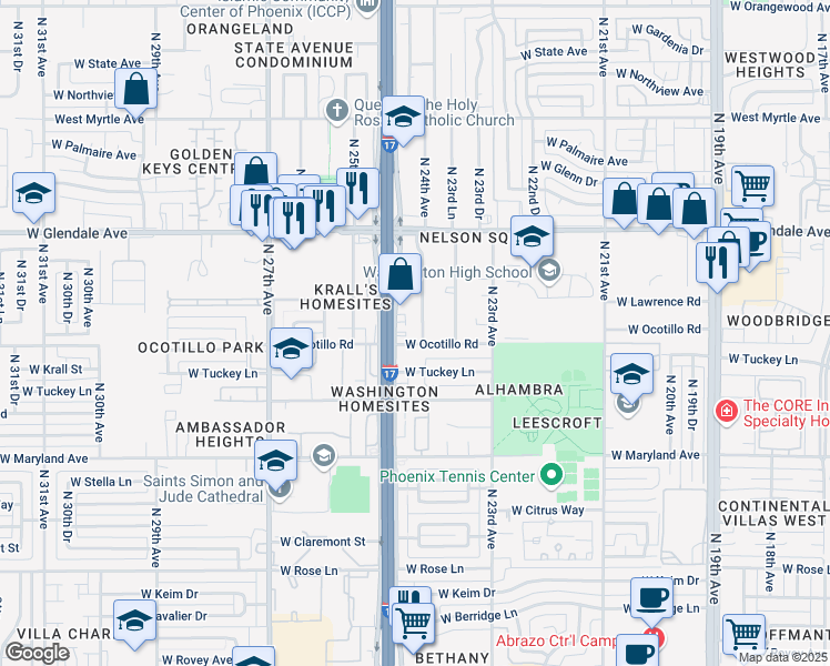 map of restaurants, bars, coffee shops, grocery stores, and more near 6711 North Black Canyon Highway in Phoenix