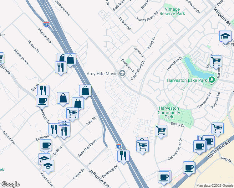 map of restaurants, bars, coffee shops, grocery stores, and more near Ynez Road in Temecula
