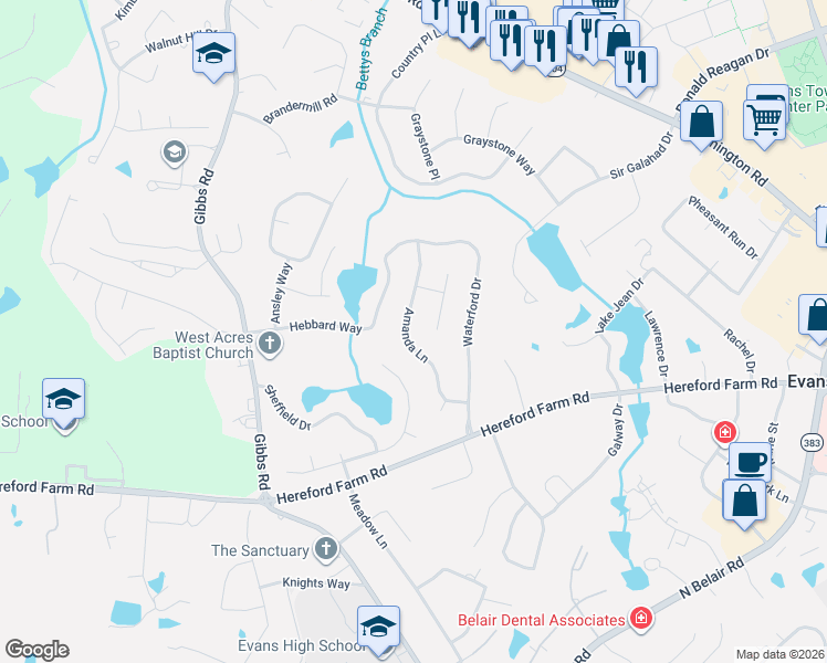 map of restaurants, bars, coffee shops, grocery stores, and more near 4497 Amanda Lane in Evans