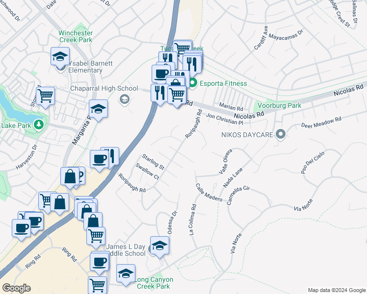map of restaurants, bars, coffee shops, grocery stores, and more near 39830 Roripaugh Road in Temecula