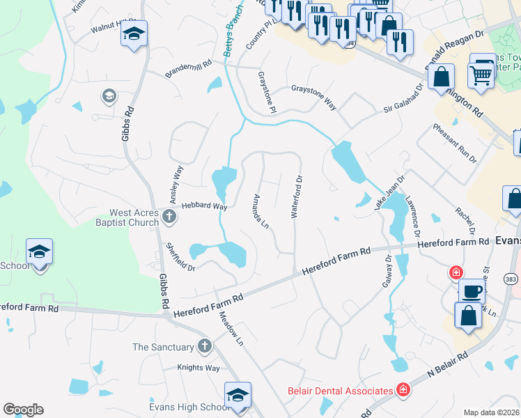 map of restaurants, bars, coffee shops, grocery stores, and more near 4497 Amanda Lane in Evans