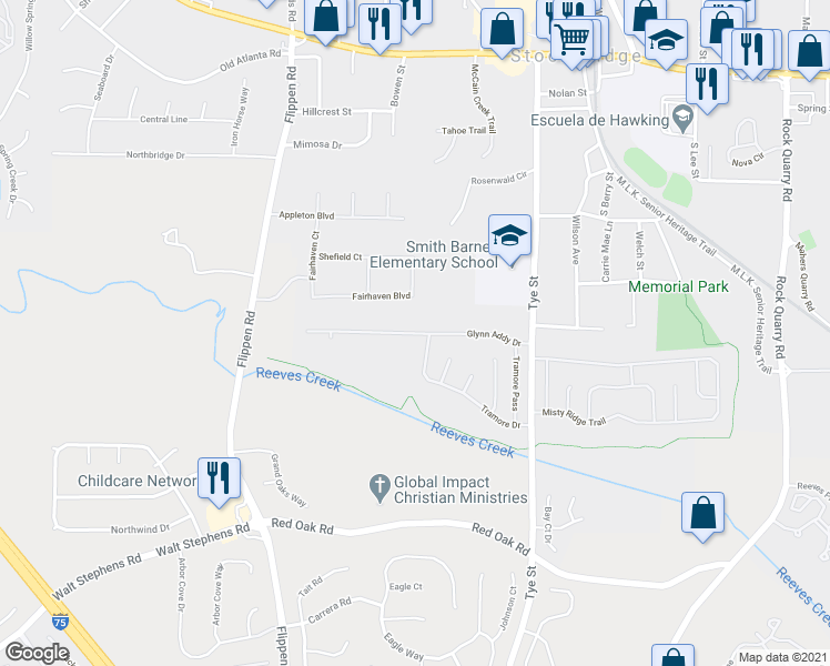 map of restaurants, bars, coffee shops, grocery stores, and more near 196 Glynn Addy Drive in Stockbridge