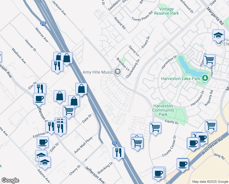 map of restaurants, bars, coffee shops, grocery stores, and more near 40480 Melrose Drive in Temecula