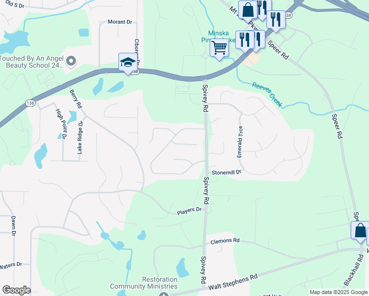 map of restaurants, bars, coffee shops, grocery stores, and more near 317 Fernhill Court in Jonesboro