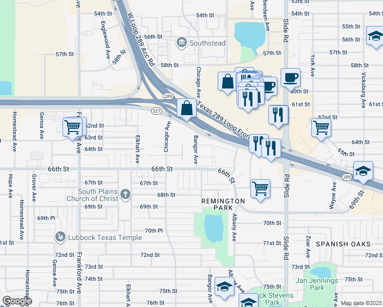 map of restaurants, bars, coffee shops, grocery stores, and more near 5402 66th Street in Lubbock