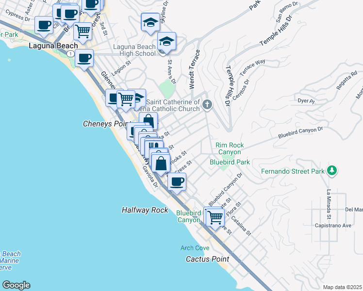 map of restaurants, bars, coffee shops, grocery stores, and more near 511 Oak Street in Laguna Beach