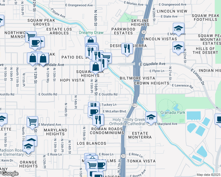 map of restaurants, bars, coffee shops, grocery stores, and more near 6733 North 16th Street in Phoenix