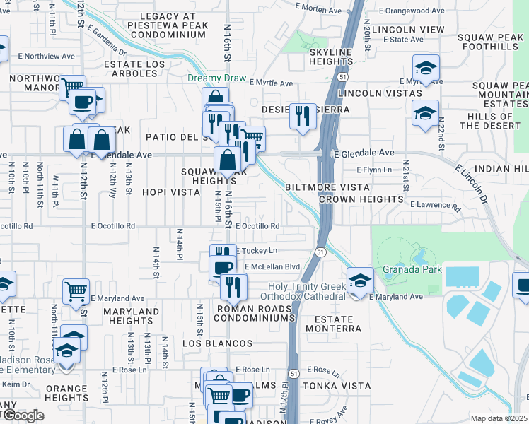 map of restaurants, bars, coffee shops, grocery stores, and more near 6733 North 16th Street in Phoenix