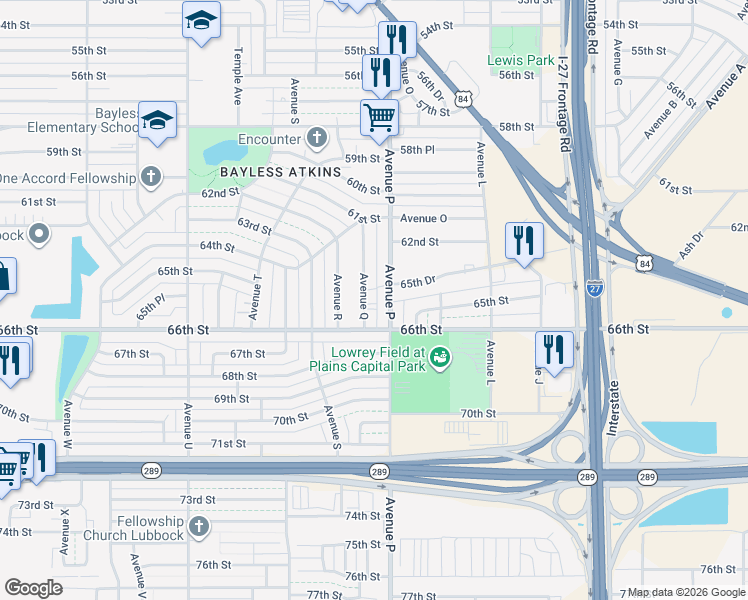 map of restaurants, bars, coffee shops, grocery stores, and more near 6505 Avenue Q in Lubbock