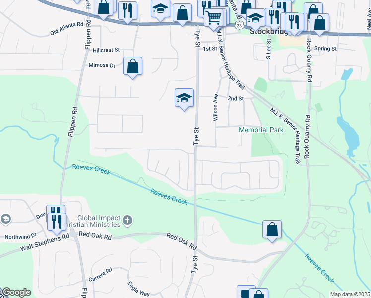 map of restaurants, bars, coffee shops, grocery stores, and more near 108 Glynn Addy Drive in Stockbridge