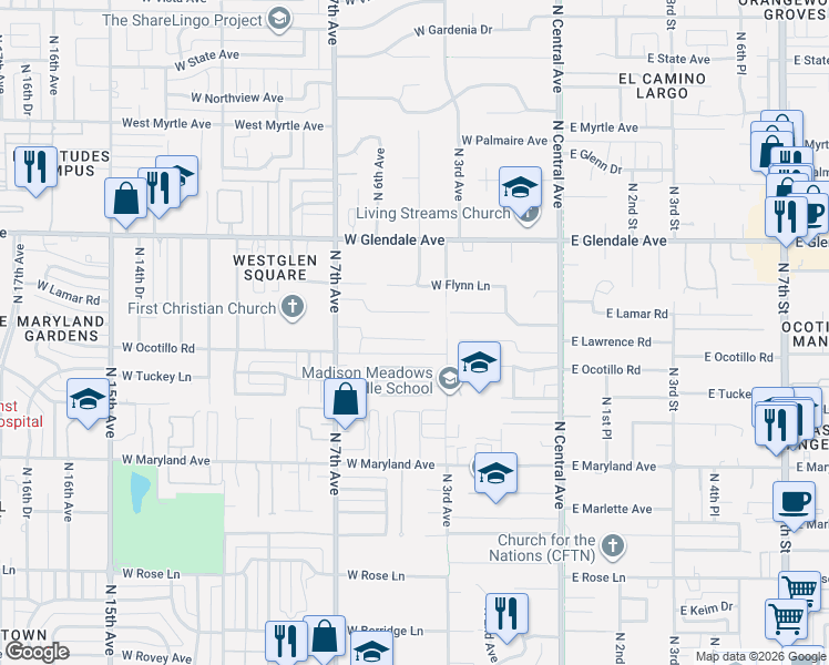 map of restaurants, bars, coffee shops, grocery stores, and more near 510 West Lawrence Road in Phoenix