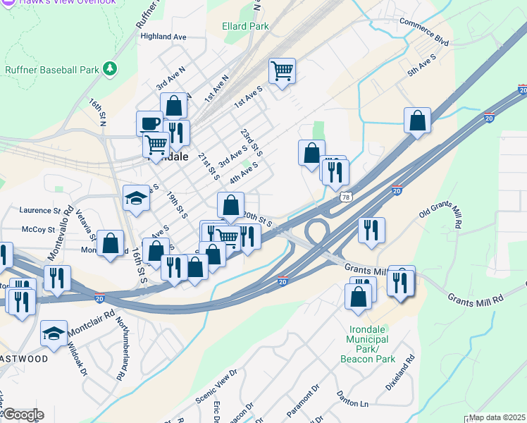 map of restaurants, bars, coffee shops, grocery stores, and more near 601 20th Street South in Irondale