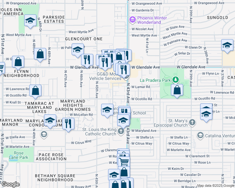 map of restaurants, bars, coffee shops, grocery stores, and more near 6719 North 44th Avenue in Glendale