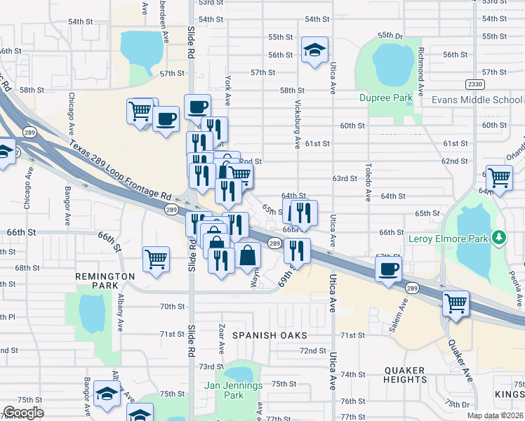 map of restaurants, bars, coffee shops, grocery stores, and more near 6412 York Drive in Lubbock