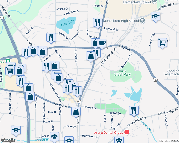 map of restaurants, bars, coffee shops, grocery stores, and more near 106 Woodhaven Drive in Jonesboro