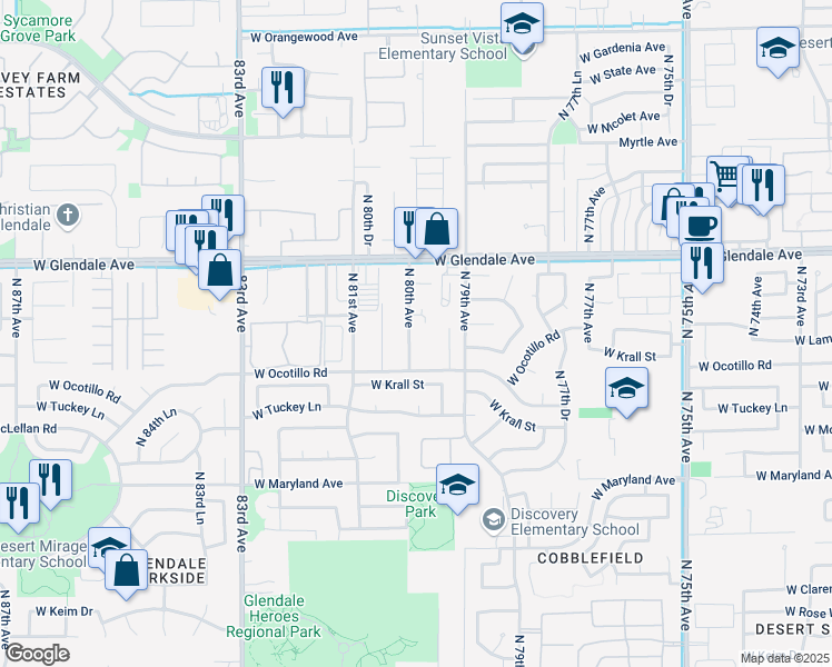 map of restaurants, bars, coffee shops, grocery stores, and more near 6737 North 80th Avenue in Glendale