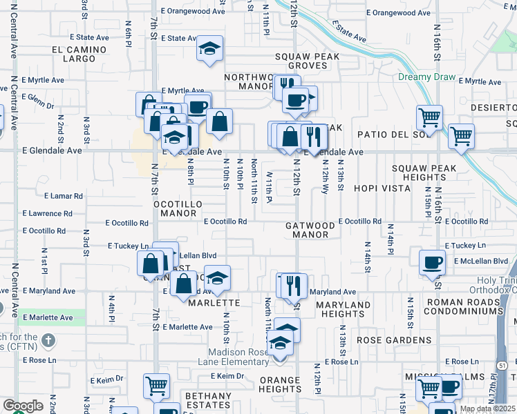 map of restaurants, bars, coffee shops, grocery stores, and more near 6726 North 11th Street in Phoenix