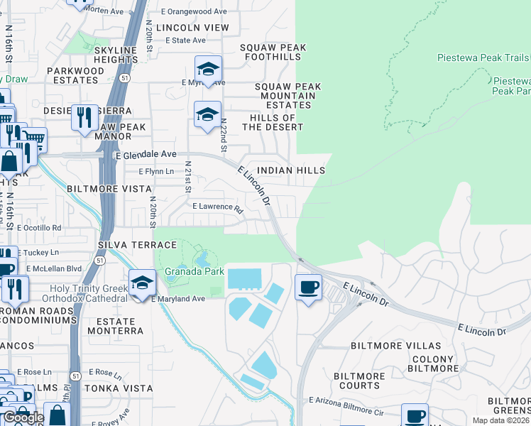 map of restaurants, bars, coffee shops, grocery stores, and more near 2247 East Lincoln Drive in Phoenix