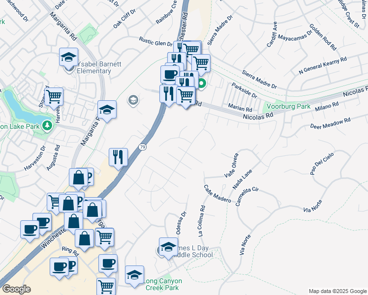 map of restaurants, bars, coffee shops, grocery stores, and more near 27502 Dandelion Court in Temecula
