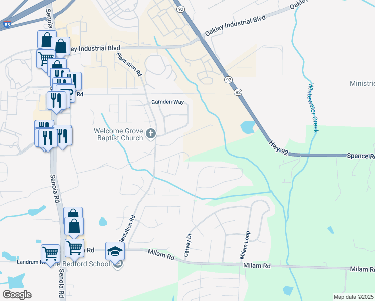 map of restaurants, bars, coffee shops, grocery stores, and more near 134 Fairhaven Tr in Fairburn