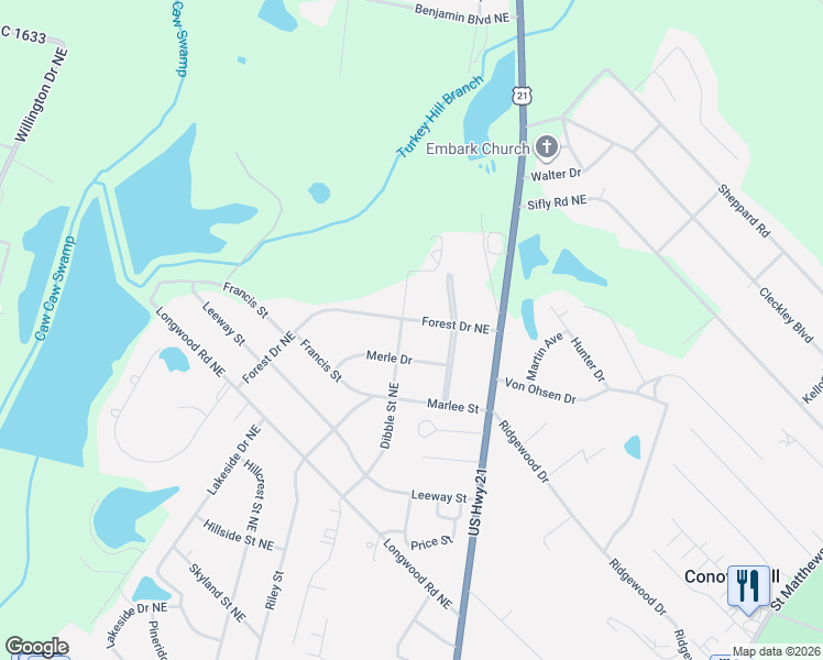 map of restaurants, bars, coffee shops, grocery stores, and more near 1793 Forest Drive Northeast in Orangeburg