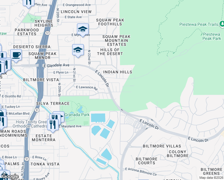 map of restaurants, bars, coffee shops, grocery stores, and more near 2247 East Lincoln Drive in Phoenix