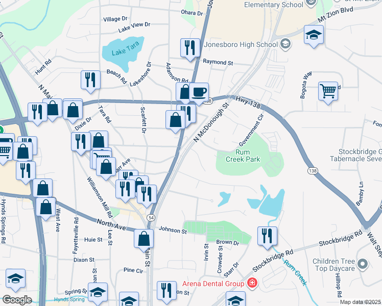 map of restaurants, bars, coffee shops, grocery stores, and more near 100 Burkshire Court in Jonesboro