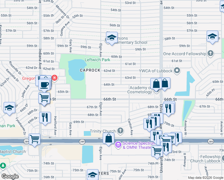 map of restaurants, bars, coffee shops, grocery stores, and more near 2820 65th Street in Lubbock