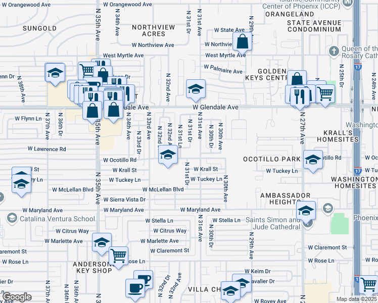 map of restaurants, bars, coffee shops, grocery stores, and more near 3117 West Lawrence Road in Phoenix