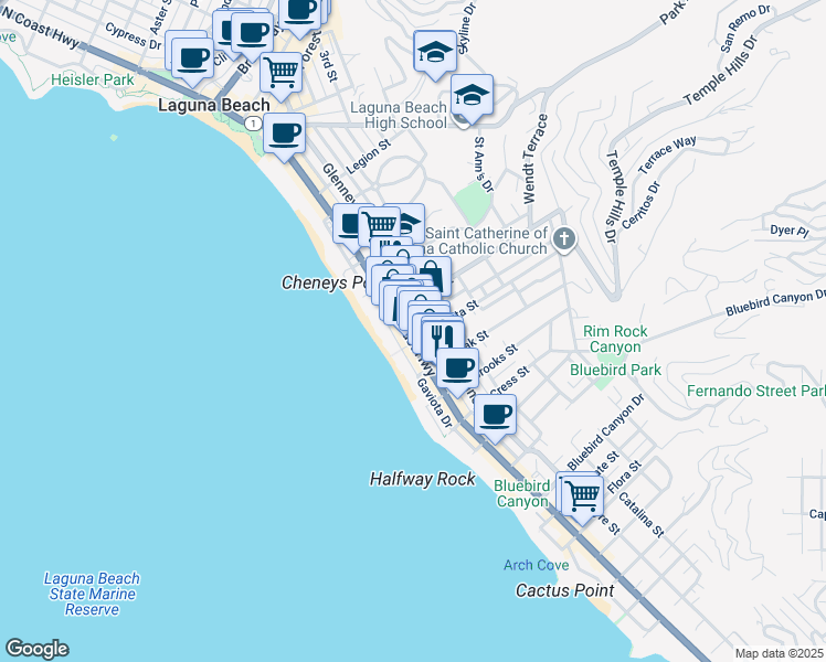map of restaurants, bars, coffee shops, grocery stores, and more near 976 South Coast Highway in Laguna Beach