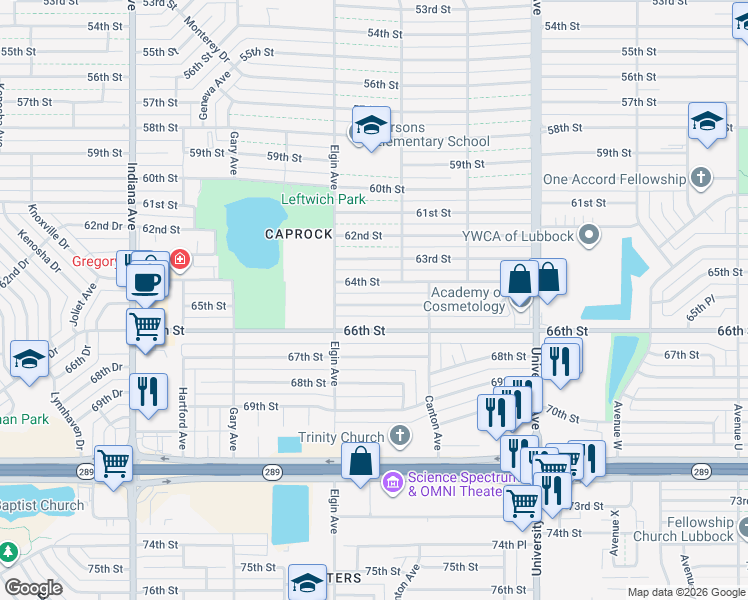 map of restaurants, bars, coffee shops, grocery stores, and more near 2820 65th Street in Lubbock