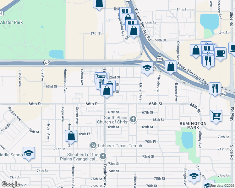 map of restaurants, bars, coffee shops, grocery stores, and more near 5729 64th Street in Lubbock