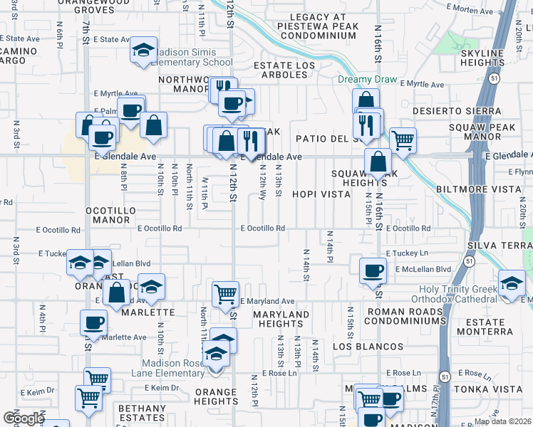 map of restaurants, bars, coffee shops, grocery stores, and more near 6721 North 12th Way in Phoenix