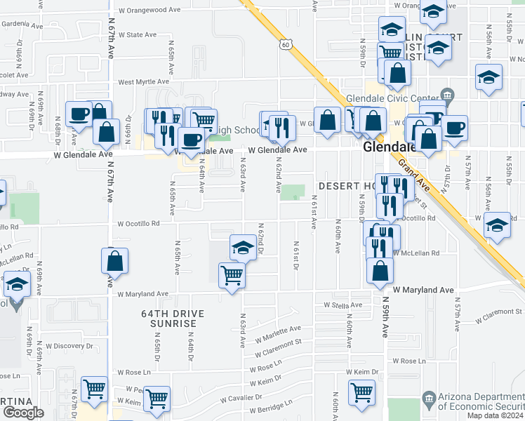 map of restaurants, bars, coffee shops, grocery stores, and more near 6220 West Ocotillo Road in Glendale