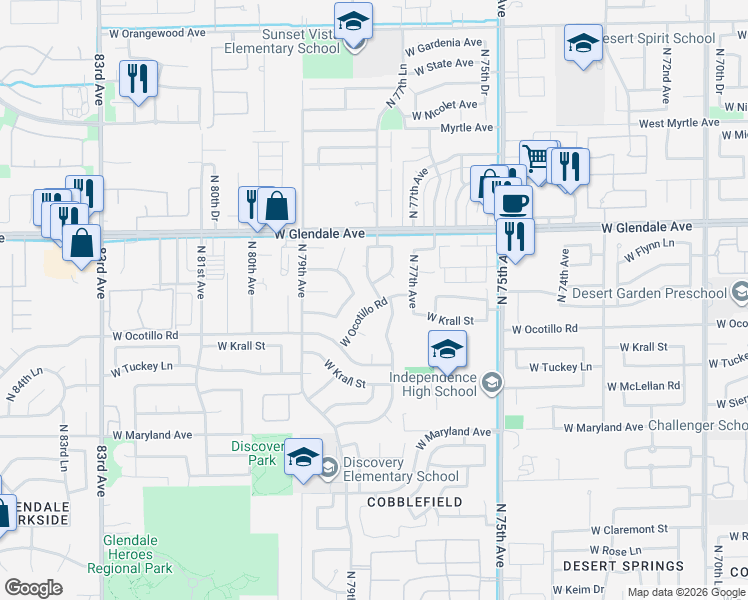 map of restaurants, bars, coffee shops, grocery stores, and more near 7726 West Ocotillo Road in Glendale