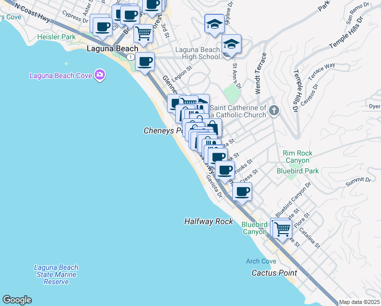 map of restaurants, bars, coffee shops, grocery stores, and more near 933 Reuben Place in Laguna Beach