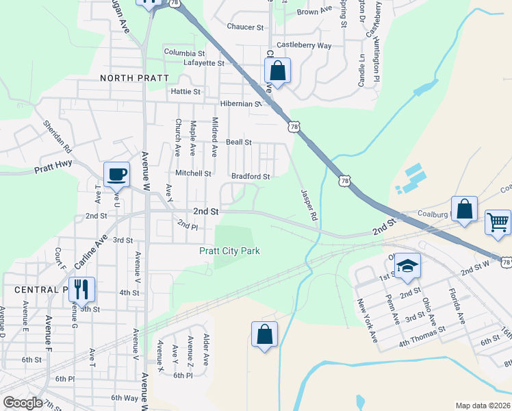 map of restaurants, bars, coffee shops, grocery stores, and more near 1430 Pratt Highway in Birmingham
