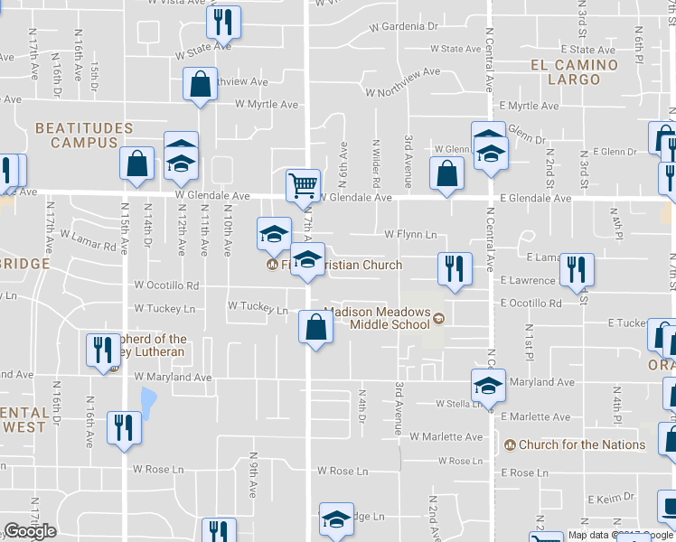 map of restaurants, bars, coffee shops, grocery stores, and more near 520 West Lawrence Road in Phoenix