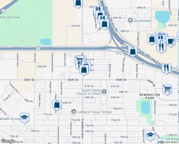 map of restaurants, bars, coffee shops, grocery stores, and more near 5729 64th Street in Lubbock