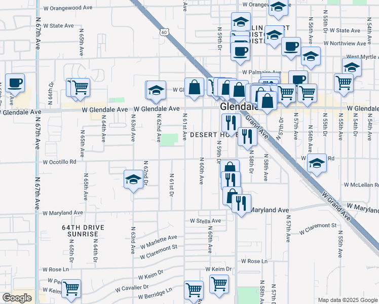 map of restaurants, bars, coffee shops, grocery stores, and more near 6718 North 60th Avenue in Glendale