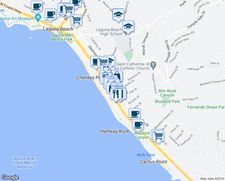 map of restaurants, bars, coffee shops, grocery stores, and more near 976 South Coast Highway in Laguna Beach